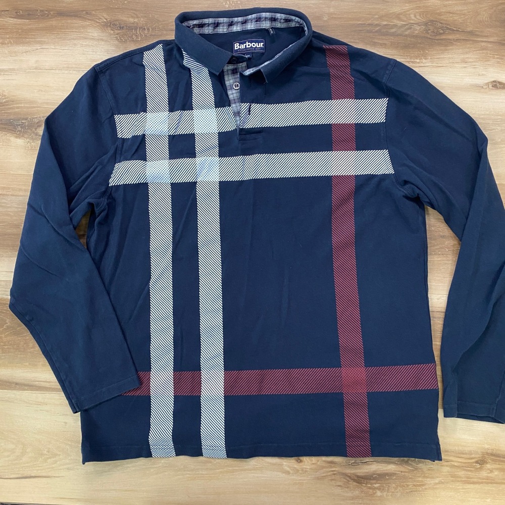 Barbour Long Sleeve Polo Shirt XXL Grid Pattern Cotton Pique Navy Blue